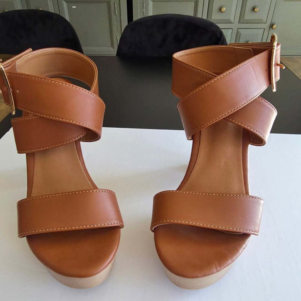 Platform Ankle Strap Heel Size 6 Brown Faux Leather Sandal